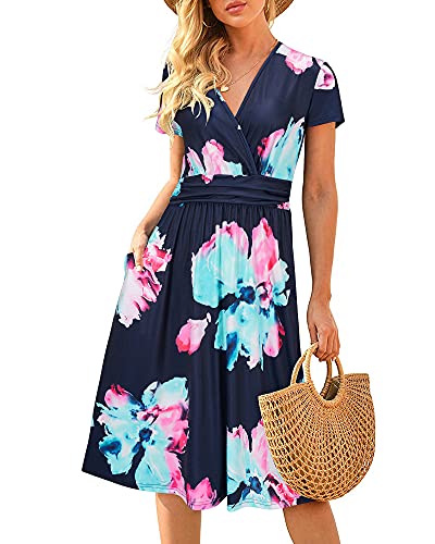Image of Newshows Women's Pockets Wrap V Neck Floral Summer Vacation Casual Sundress | Wrinkle Free, Stretchy, Summer Beach Floral Sundress 2026, Casual Dress for Vacation, Guaduation, Side Pockets, A-line