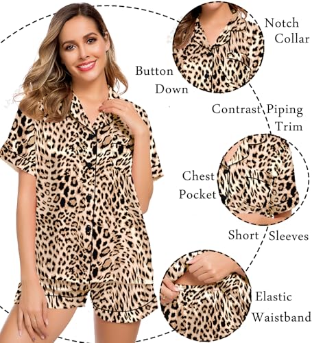 Image of LecGee Womens Silk Satin Pajamas Short Sleeve Loungewear Two-Piece Sleepwear Button-Down Pj Set Brown Leopard Small