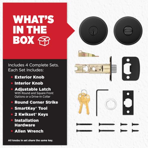 Image of Kwikset Pismo Door Knob with Lock, Key and SmartKey, Matte Black 4-Pack