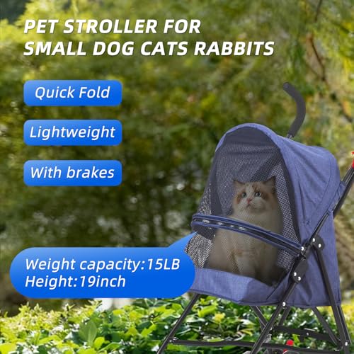 COOLCRAB Pet Stroller Oxford Cloth Foldable Dog Strollers for Small Dogs and Cats Suitable for All Road Surfaces Wide-View Panoramic Window 4 Wheels with Brakes Portable Design, Easy to Store (Blue) — view 2
