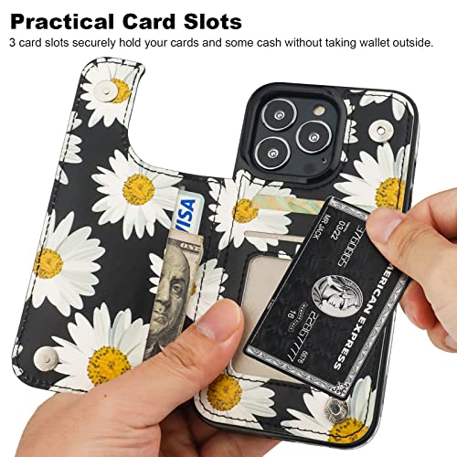HAOPINSH for iPhone 13 Pro Case Wallet with Card Holder, Daisy Florals Pattern Back Flip Folio PU Leather Kickstand Card Slots Case for Women Girls, Double Magnetic Clasp Shockproof Cover 6.1" by HAOPINSH - Image 3