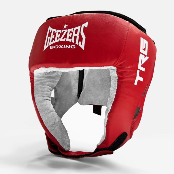 Geezers Boxing Leather TRG Training Headguard Open Face Head Guard for Boxing, MMA Sparring, PU Material Headgear .Ideal Headguard for Men and Women (Large, Red)