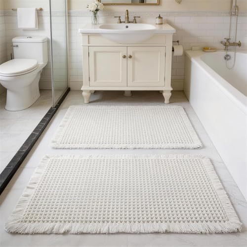 ZVFFDG Set of 2 Waffle Bathroom Rugs Large Non Slip Absorbent Waffle Knit Bath Mat for Shower Floor Tub and Bathroom Door Ultra Soft Quick Dry Cream White 17x24+18x30