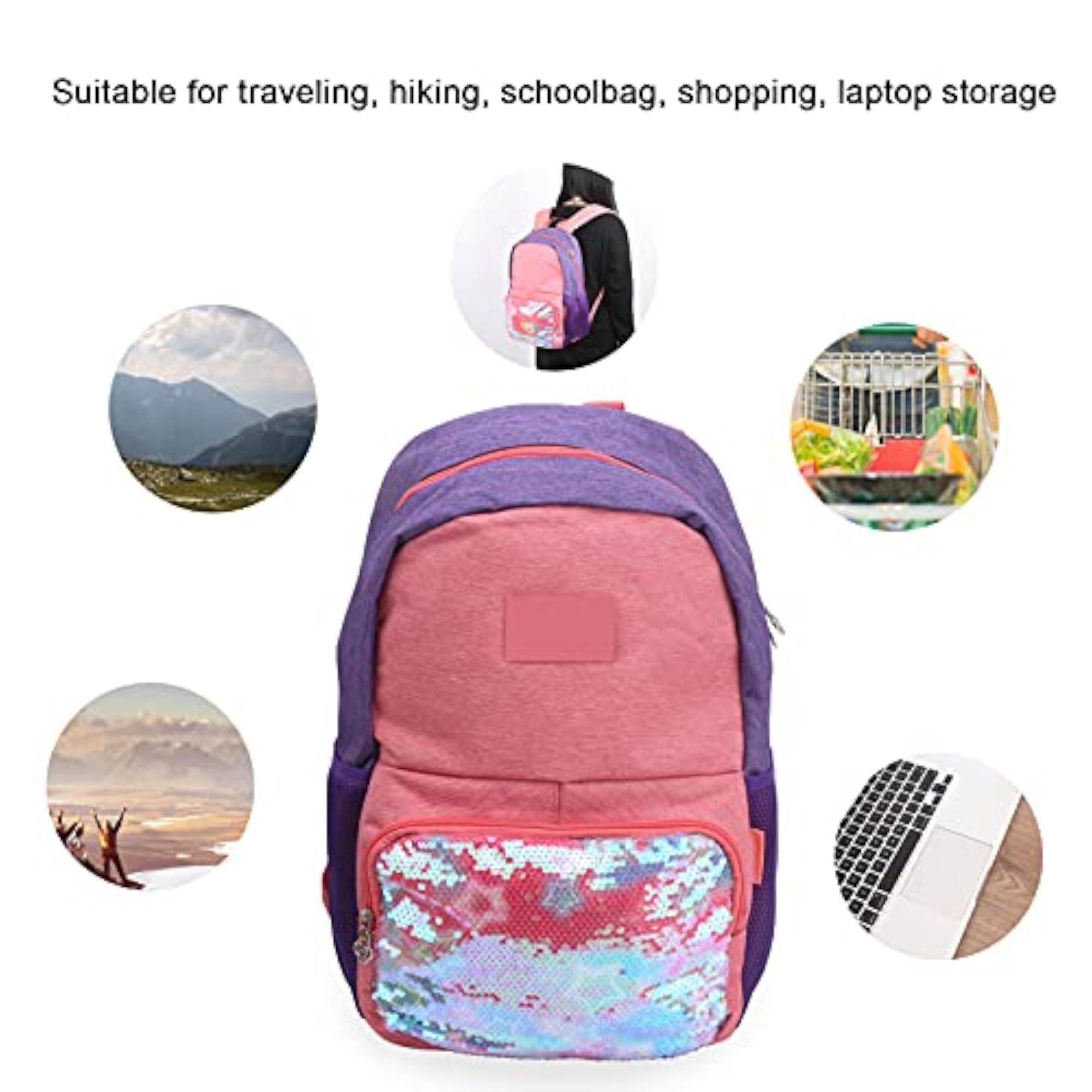 Adjustable Shoulder Straps Sequins Backpack, Purple/Salmon Red