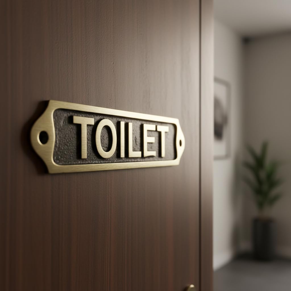 TOILET Brass Metal Door Sign Plaque | Wall Mounted Bathroom Name Plate with Screws | Classic Restroom Signage for Home Office Shop Restaurant | 22 x 5 cm | TOILET