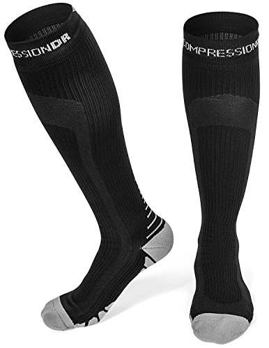 Compression Socks - Firm Knee High Graduated 20-30 mmHg - Foot Ankle Shin and Calf Support Sock - for Running Sports Travel & Recovery - Black/Large