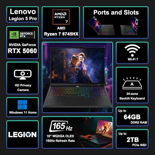Image of Lenovo Legion 5 Pro Gaming AI Laptop 16 inch WQXGA OLED 165Hz 1100nits HDR Peak AMD 8-core Ryzen 7 8745HX 64GB RAM 2TB SSD GeForce RTX 5060 (Up to 572 AI Tops) RGB Backlit Harman Wi-Fi7 Win11 ICP Acc