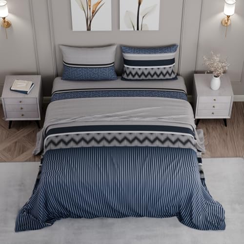 Image of BLISSHOME SoftTouch 150TC Cotton King Size Printed Bedsheet with 2 Pillow Covers for Double Bed, Silky Smooth Bedding Set, Breathable, Easy Maintain, Geometric Pattern - Navy(228cm X 274cm)