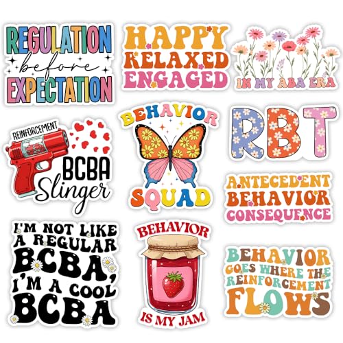 Image of MAIANEY [10Pcs, 3 inchx3 inch] ABA BCBA RBT Stickers, Behavior Analysis Vinyl Decals for Therapists, Teachers, Students - Funny Autism Therapy Waterproof for Laptop, Water Bottle, Mental Health Stickers