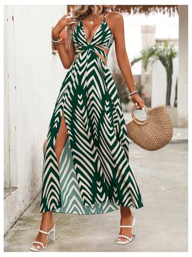 Image of SOLY HUX Women's Tie Backless Cut Out Halter Dress Deep V Neck High Split Long Flowy Dresses