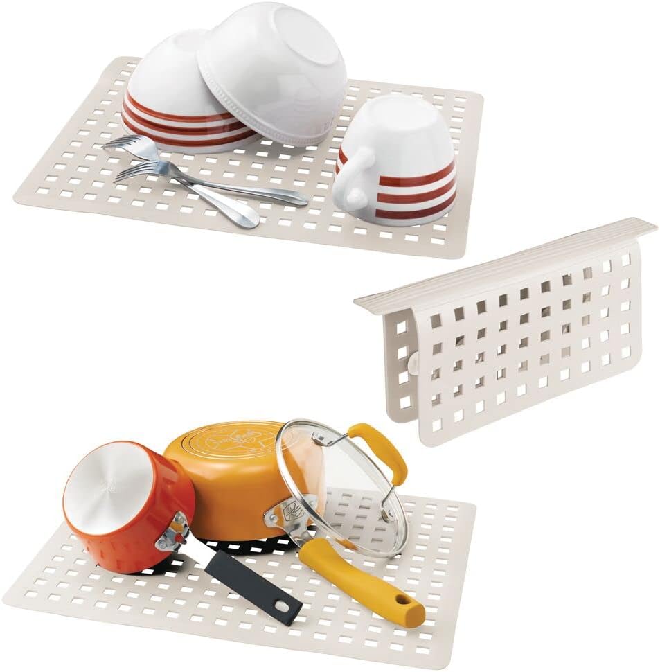 mDesign Decorative Kitchen Plastic Sink Protector Set, Quick Draining - Protect Surfaces and Dishes - Modern Slotted Design - Includes 1 Saddle, 2 Large Mats - Set of 3 - Cream/Beige