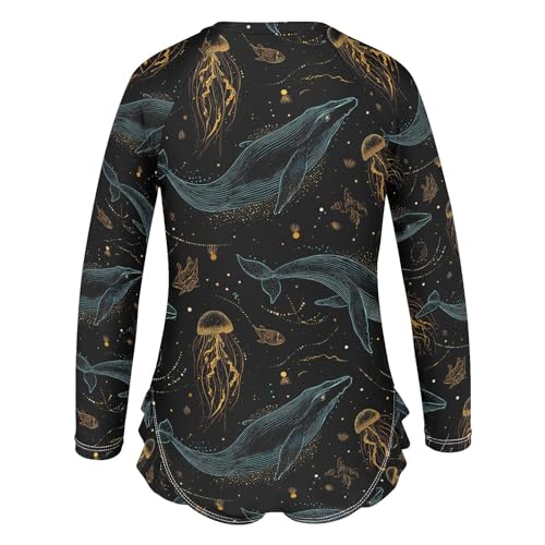 ALAZA Whale Jellyfish Fish Black Girls One Piece Swimsuit Long Sleeve Rash Guard Swimsuits UV 50+ Swimwear Zipper3