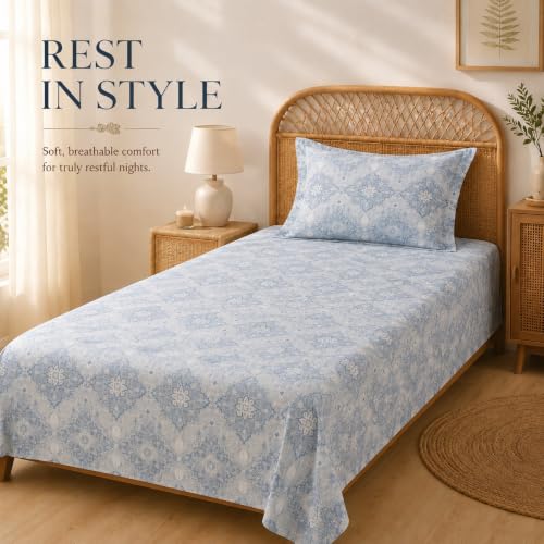 Image of BSB HOME 240 TC Premium Single Bed Bedsheet, Soft Floral Printed Bed Sheet, Elegant Cotton-Look Bedding with Stylish Floral Pattern Bedsheet for Bedroom, 60 x 90 Inches (152 x 229 cm) - Powder Blue