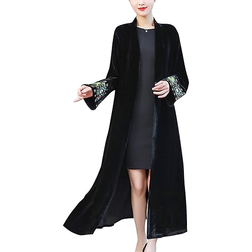 Omoone Women's Vintage Velvet Long Embroidered Cardigan Trench Coat