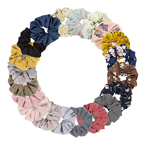 20Pcs Hair Scrunchies for Girl Floral Scrunchies Bulk, Stretchy Striped Hair Ties Soft Scrunchy Hair Bands Plaid Solid Color Hair Ropes for Women Chiffon Hair Accessories for Thin Hair