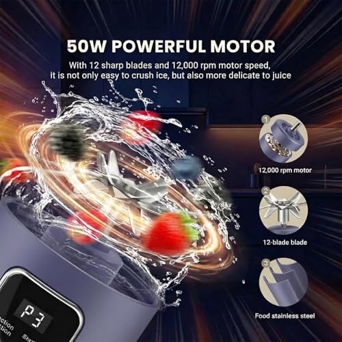 Image of Portable Electric Blender Bottle with Digital Display, Rechargeable Smoothie Maker, USB Juicer Mixer Grinder for Shakes, Juices, Baby Food & Protein Drinks Leakproof & Travel Friendly (Purple)