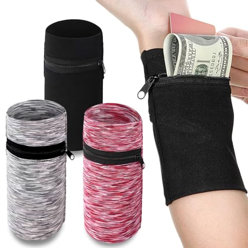 Wrist Wallets for Women - Travel Running Wristlet, Key Pouch, Adjustable Secure Money Armband, 3 Pcs - Red, Grey, Black