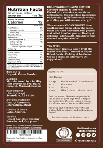 Image of Healthworks Superfoods Organic Cacao Powder - 48 Oz / 3 Lbs - Cocoa Chocolate Substitute - Rich Chocolate Flavour - Sugar-Free, Keto, Vegan & Non-GMO - Peruvian Bean /Nut Origin - Antioxidant Superfood