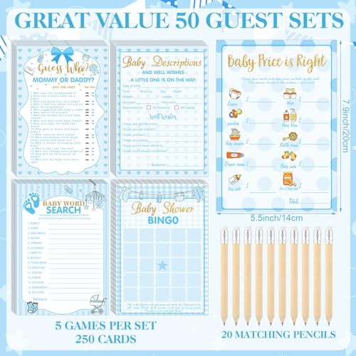 Image of Patelai 321 Pcs Blue Bow Boy Baby Shower Games Decorations 5 Set a Sweet Baby Boy Is on The Way Blue Gender Reveal Don't Say Games Bottle Stroller Feet Clothespins for Gender Reveal Party Decorations