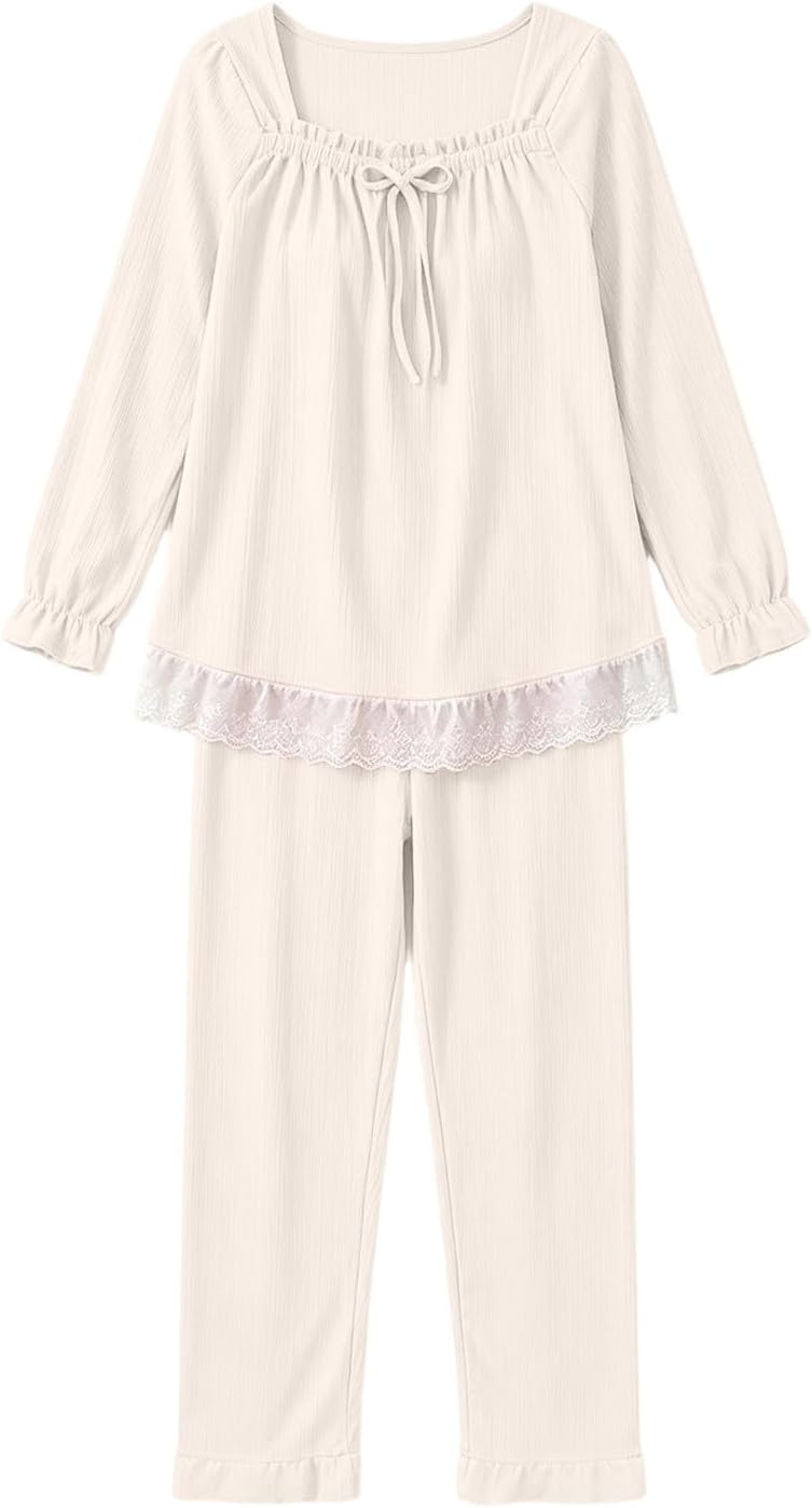 Women's Pajama Set Soft Bow Knot Long Sleeve Top Long Pants Lounge sets | Square Neck,Comfy Warm pajamas 2 Piece, Sleepwear Pjs Sets,Home Daily Wear Sleepovers Vacation Loungewear,for Fall Winter