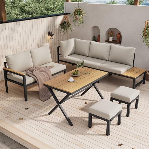 Lahoomu Gartenmöbel Set 4-teilig: Ecksofa Esstisch mit Ablage & 2 Hocker Wetterfeste Garten-Essgruppe aus verzinktem Stahl & Kunststoff-Holz Outdoor Lounge Set Beige