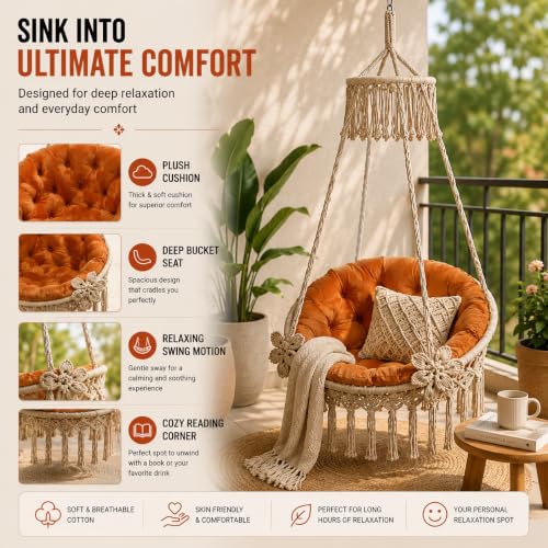 Image of Premium King Size Hammock Chair Swing with Cushion, 200kg Capacity | Indoor Outdoor Heavy Duty Adults & Kids Hanging Jhula for Home, Garden, Patio & Balcony | 1 Year Warranty (Beige)