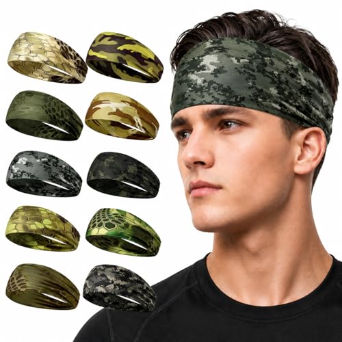 Image of 9 pcs Sweatbands for Men Workout Sport Headbands for Men Camo Headband Sweat Absorbing Headband Wide Sweatband for Head Basketball Football Cycling Running Yoga, 4.7 x 9.8 Inch