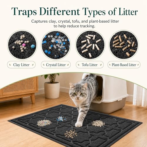 Image of Yimobra Cat Litter Mat, Easy Clean Trapping PVC Mat, 47 inch x 36 inch, Waterproof Backing, Non Slip Bottom, Scatter Control Pad for Litter Box, Black