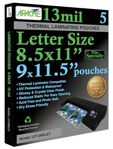 Image of Apache Letter Size Laminating Pouches, 13 Mil, 5 Pack, Seals in 10mil Laminator, Holds 8.5x11 Inch Projects (9x11.5 inch Pouch Size), Thermal Laminating Sheets, Clear, Round Corners, Elite Specialty Line