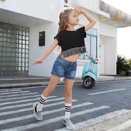 Perfashion Girl's Fringe Hem Short Sleeve Crop Tops Round Neck T Shirt Solid Tee for 4-13 Years4