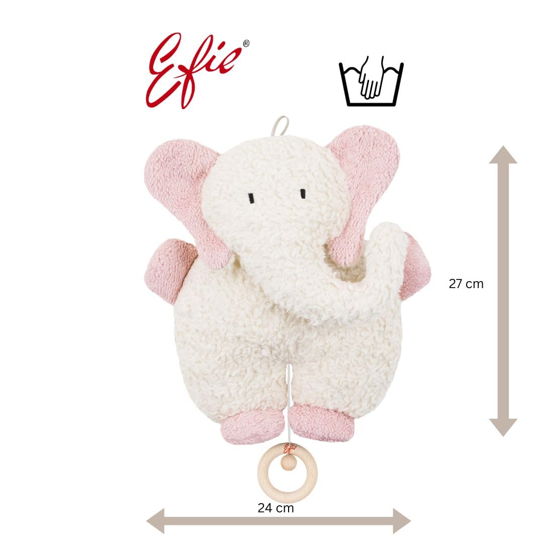 Efie Bio - Spieluhr Elefant rosa - kontrolliert biologischer Anbau (organic) - Made in Germany - GOTS zertifiziert – nachhaltig - Melodie Mozart (Schlafe mein Prinzchen schlaf ein)
