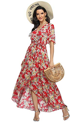 Image of VintageClothing Women's Wrap V Neck Floral Summer Dresses High Low Maxi Casual