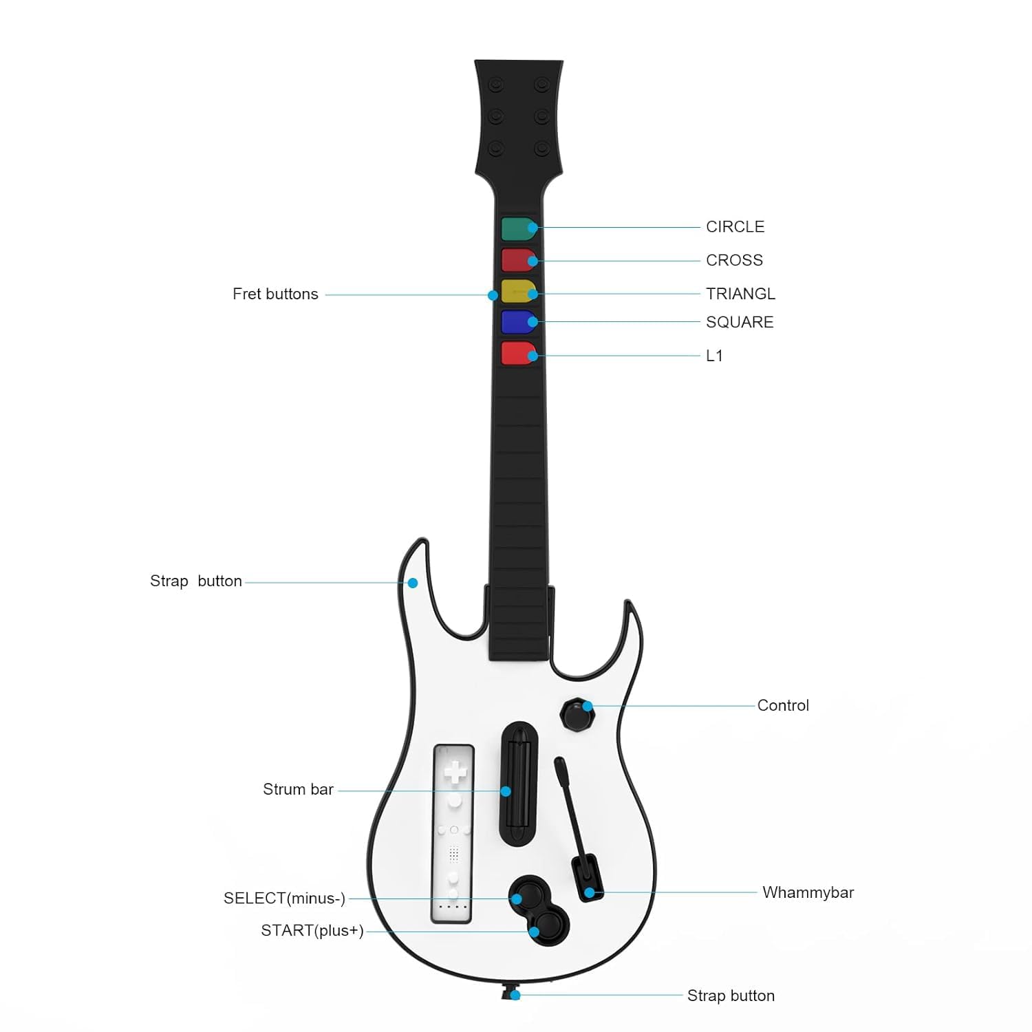 DOYO Manette sans fil pour Wii compatible avec Guitar Hero et Rock Band, fonctionne avec tous les jeux Guitar Hero, sangle ajustable (Blanc)