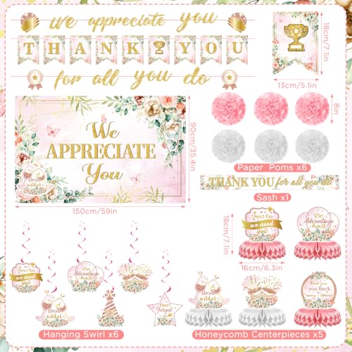 Image of Pink Floral We Appreciate You Party Decorations for Employee Teacher Decor | Thank You for All You Do Banner Honeycomb Centerpieces Hanging Swirl for Office Employee Pastor Appreciation Party Gift Decor