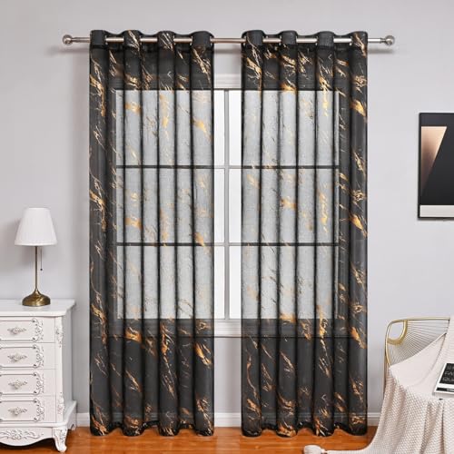 Odot Lot de 2 Rideau Voilage à Oeillets Semi-Transparent, Rideaux Voile Motif Marbré Doré Intérieurs pour Fenetre de Salon, Décoration de Maison Moderne...