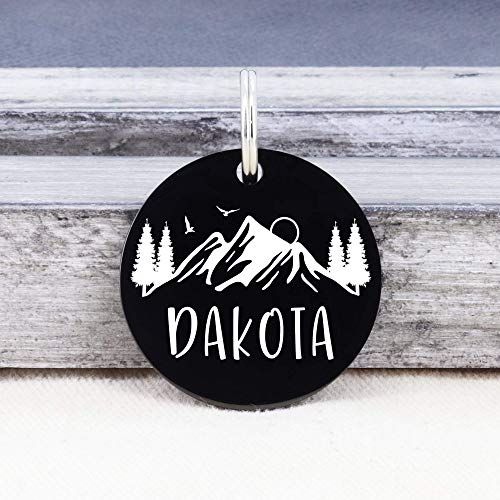 Ultra Joys Stainless Steel Pet ID Tag Dog Name Tags Personalized Front and Back Engraving, Customized Dog Tags and Cat Tags, Optional Engraved on Both Sides, Round Tag w/Mountain on Top Design, Small