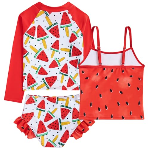 Image of Funnycokid Girls Swimsuit 3 Pieces Long Sleeve Rash Guard Set Tankini Bathing Suits Summer Kids Swimwear 3-10 Years