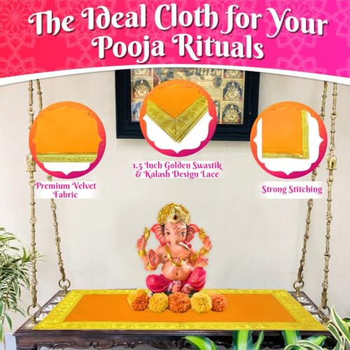 Image of Bhakti Lehar (14 x 26 Inch) Plain Orange Velvet Pooja Aasan for God Idol /Chowki Aasan Kapda Cloth for Temple Shelf Home Mandir, Ganesh Baithak and God Idol Sitting - Pack of 2