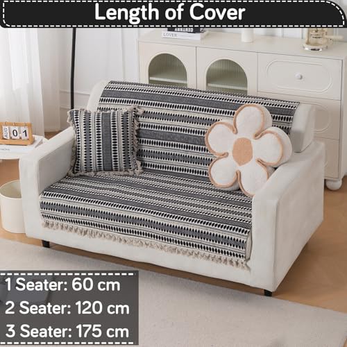 Image of HOKIPO 'Artisan Boho Series' 450 GSM Sofa Cover with Tassels | Multicolor Cotton Acrylic Jacquard Slipcover for 2 Seater Sofa, Size 152x120 cm, Charcoal Black (IN-908-A3)