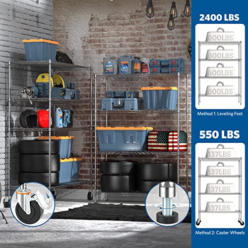 Raynesys Wire Shelving With 4" Wheels, 2400Lbs Heavy Duty 4-Tier Shelving Metal Shelves, 48X18X72In Steel Wire Storage Shelf Commercial Grade Adjustable Utility Rack For Garage, Kitchen, Chrome #TOP2