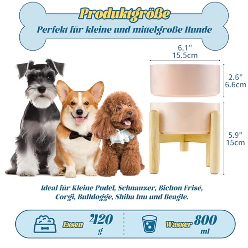 Hundenapf Keramik Futternapf Hund Erhöht - Hundefressnapf mit Rutschfestem Holzständer - Ideal für Kleine und Mittelgroße Hunde - 800 ml - Weiß