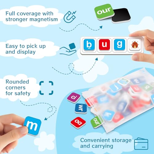 HugHush Magnetic Letter Tiles, Phonics Spelling Games Speech Therapy Phonemic Awareness Alphabet Fridge Magnets Learn to Read Science Reading Manipulative Elkonin Box Preschool Kindergarten Classroom - Image 3