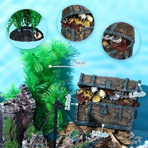 Wenqik Aquarium Decorations Large, Resin Sunken Shipwreck, Undersea Treasure Chest, Ancient Castle Ruins Tunnel House, Simulated Artificial Water Plants, Fish Shrimp Cave Hide for Fish Tank, Safe - Thumbnail 4