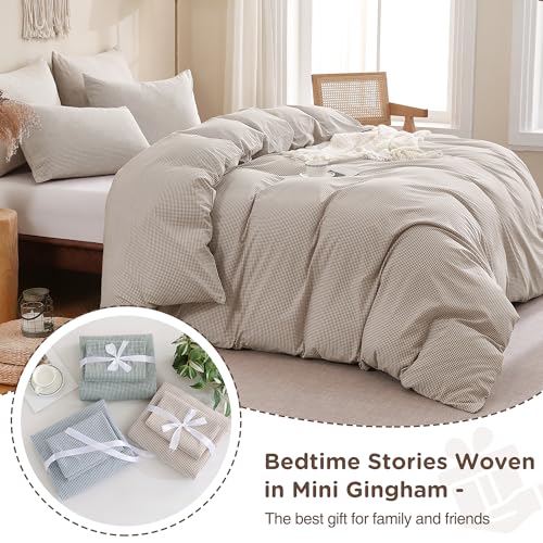 Image of TOCOMOA Mini Gingham Tan Duvet Cover Bedding Set 100% Washed Cotton Like Linen Feel Super Soft Comfy 3 Piece Brown Small Plaid Checkered Comforter Cover Set (King 104 inchx90 inch, Comforter Not Included)