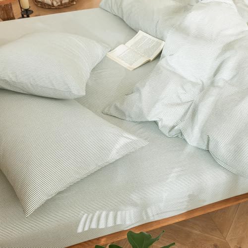Image of MooMee Striped Duvet Cover Set 100% Washed Cotton Linen Like Queen | Relaxed Linen-like Texture. Soft, Breathable & Long-lasting Comfort. Lightweight. Hidden Zipper with 8 Interior Corner Ties