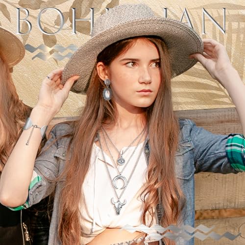 Image of Ecally Bohemian Western Jewelry Turquoise Set Women Country Pendant Long Choker Layered Bracelets Earrings Ring for Women