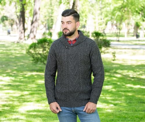 100% Merino Wool Men's Shawl Collar Single Button Irish Cable Knit Sweater Knitwear with Pockets 7