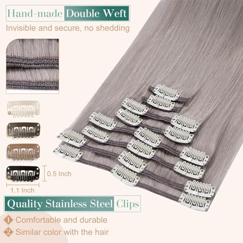 Image of Benehair Clip-in Hair Extensions - Real Human Hair, Double Weft, 8pcs, 12inch, Remy, Soft Silky Straight, Highlighted Grey
