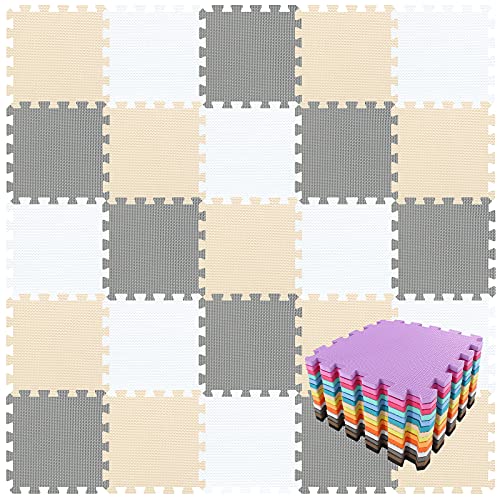 Image of qqpp EVA Rubber 36 Tiles Interlocking Puzzle Foam Floor Mats - Baby Play Mat for Playing | Exercise Mat for Home Workout. White, Beige, Gray. QC-AJLb36N