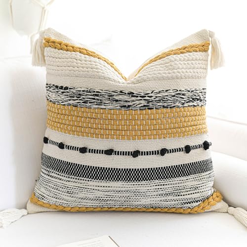 BlissBlush Yellow Mustard Decorative Throw Pillow Cover 18x18 Square Boho